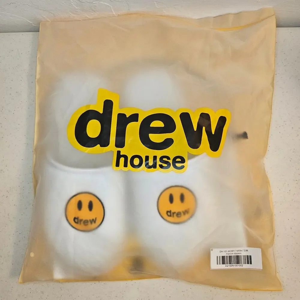 Drew House Mascot Slippers Mens S M White Justin Bieber Smiley House Shoes NWT